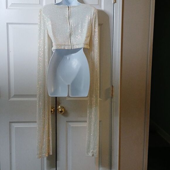 Fashion Nova LUXE SEQUIN Cropped Cut-Out High Rise Slit Long Sleeve Top Sz XL - Picture 5 of 7